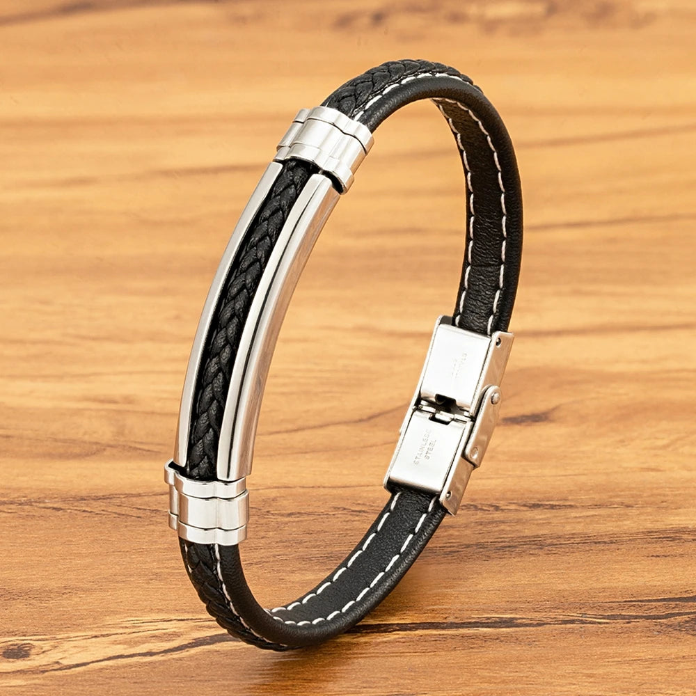 Vanguard Woven Genuine Leather Bracelet – Men's Stainless Steel Magnetic Cuff