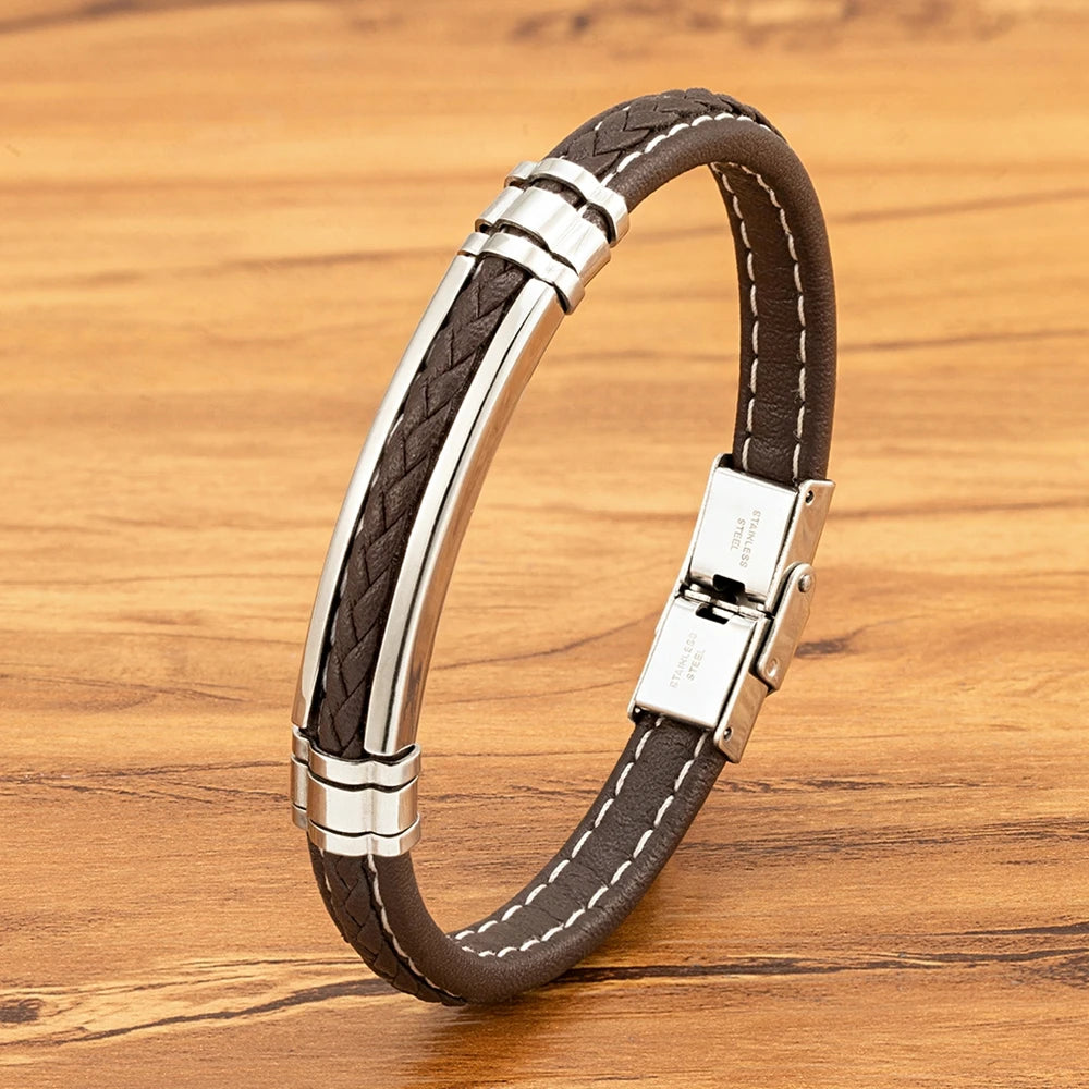 Vanguard Woven Genuine Leather Bracelet – Men's Stainless Steel Magnetic Cuff