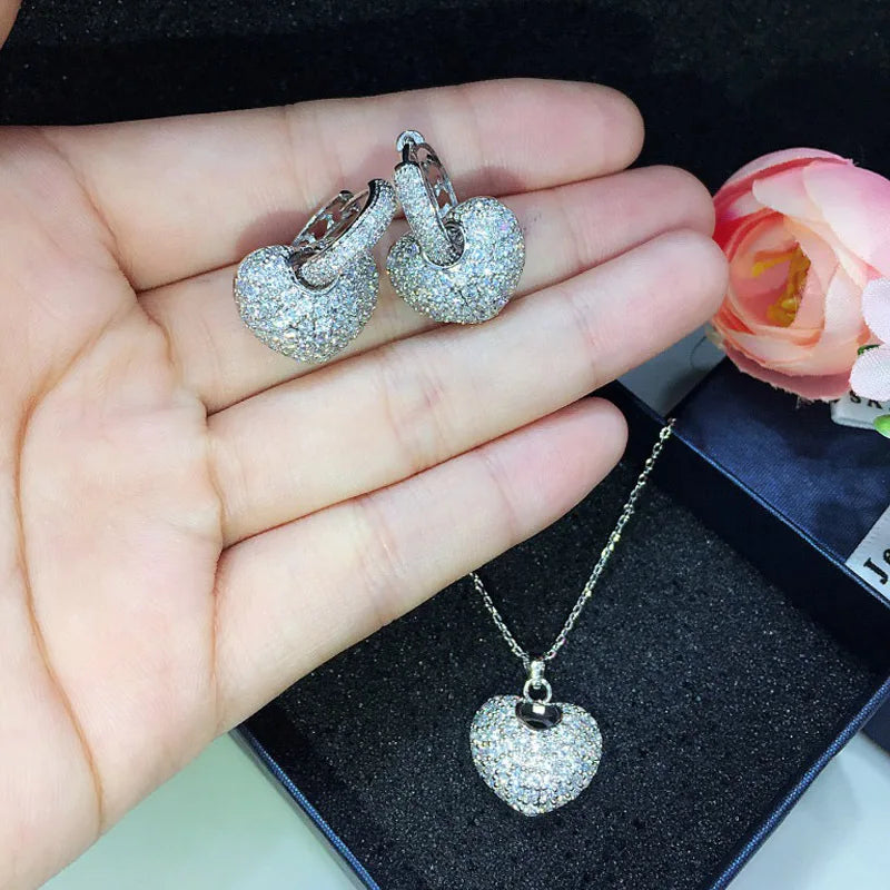Buyee 925 Sterling Silver Female Jewelry Sets White Zircon Heart Pendant Earring for Women Luxury Bride Wedding Fine Jewelry