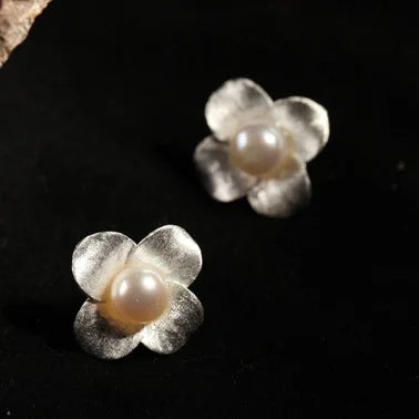 Iris Dainty Pearl Flower Stud Earrings