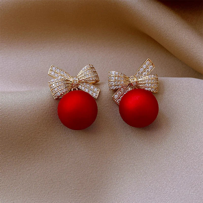 Elegant Festive Red Pearl Drop Earrings