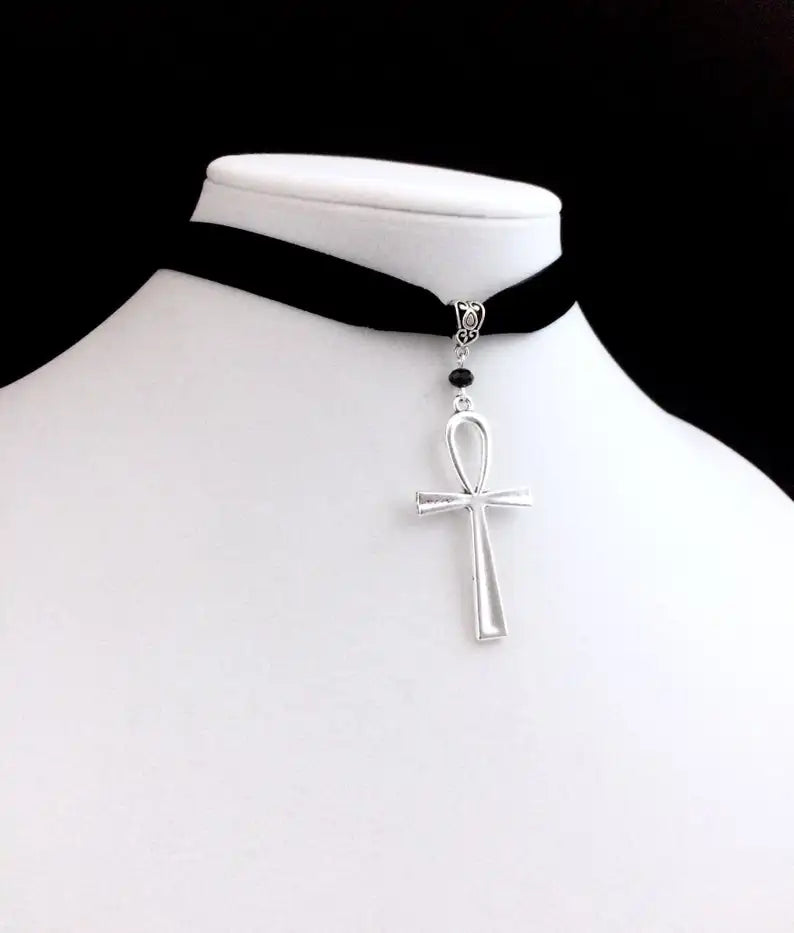 Gothic Ankh Choker Necklace - Black Pendant