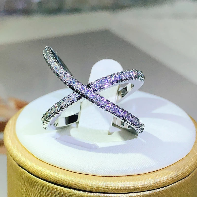 Geometric X & V Design Stackable Ring - Sparkling Cubic Zirconia Silver Plated Fashion Jewelry