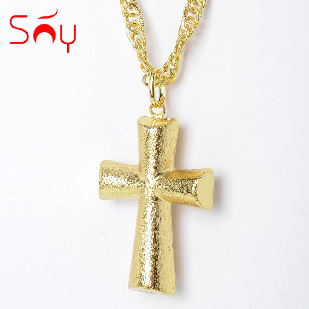 Classic Textured Gold Cross Pendant Necklace