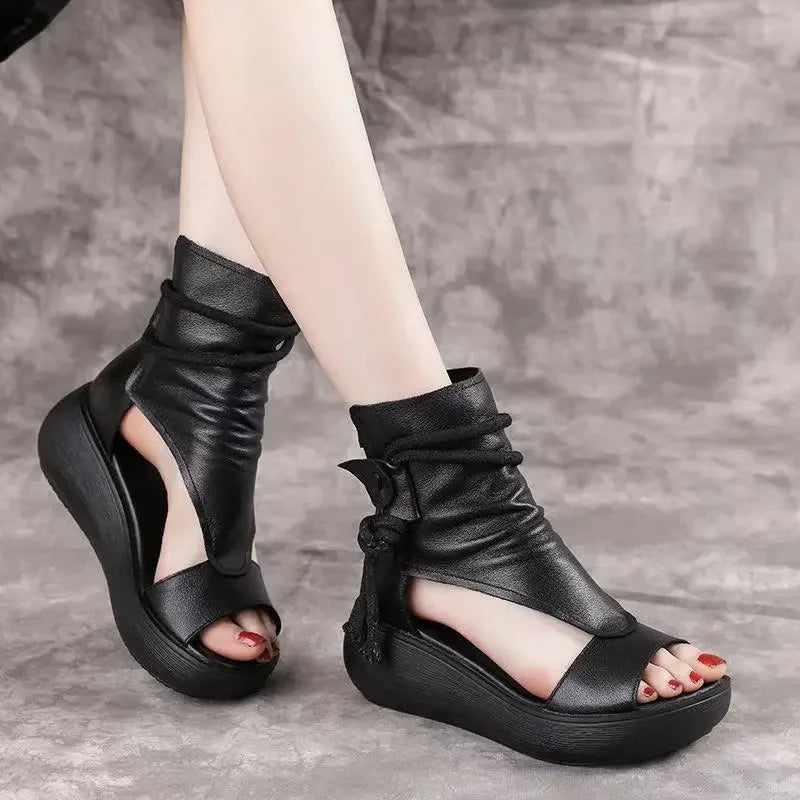 Leather Platform Wedge Sandals - Summer Comfort