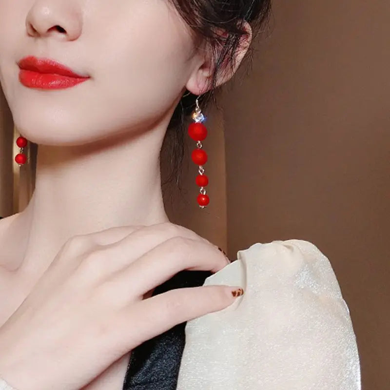 Elegant Festive Red Pearl Drop Earrings