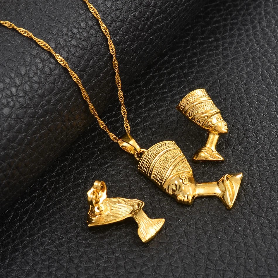 The "Aura Nefertiti" Regal Jewelry Set – Egyptian Queen Pendant Necklace & Earrings