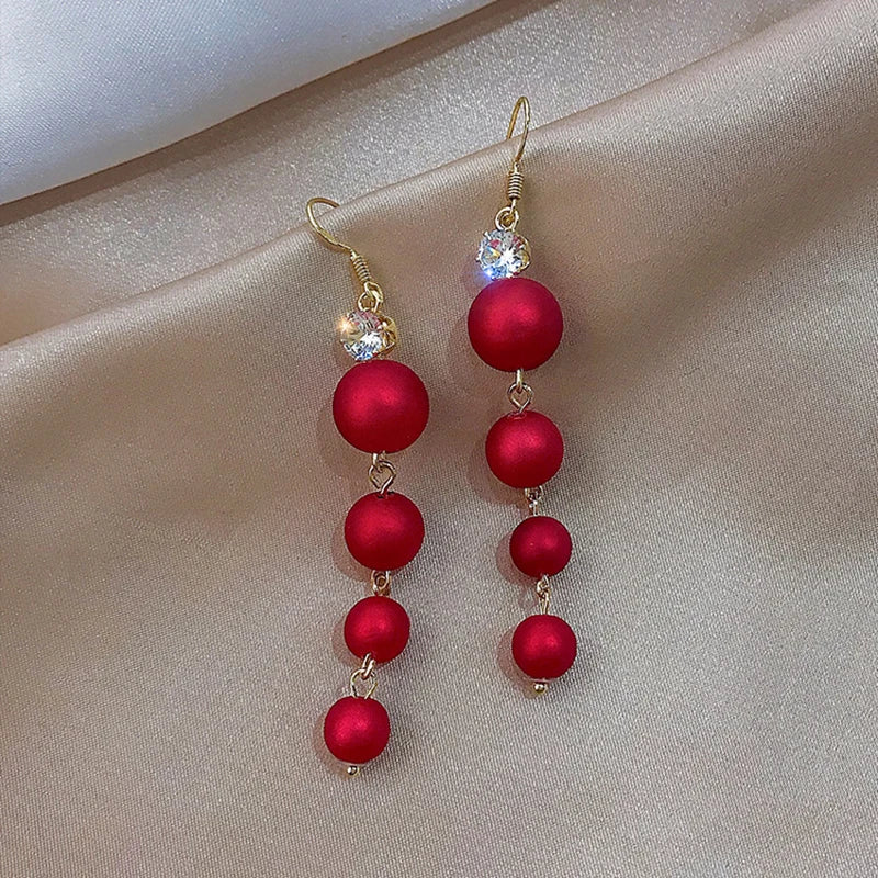 Elegant Festive Red Pearl Drop Earrings