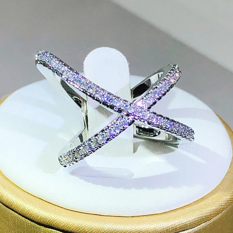 Geometric X & V Design Stackable Ring - Sparkling Cubic Zirconia Silver Plated Fashion Jewelry
