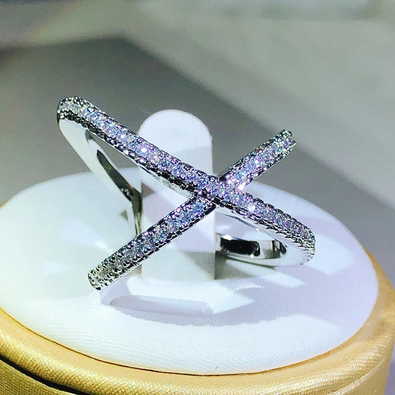 Geometric X & V Design Stackable Ring - Sparkling Cubic Zirconia Silver Plated Fashion Jewelry