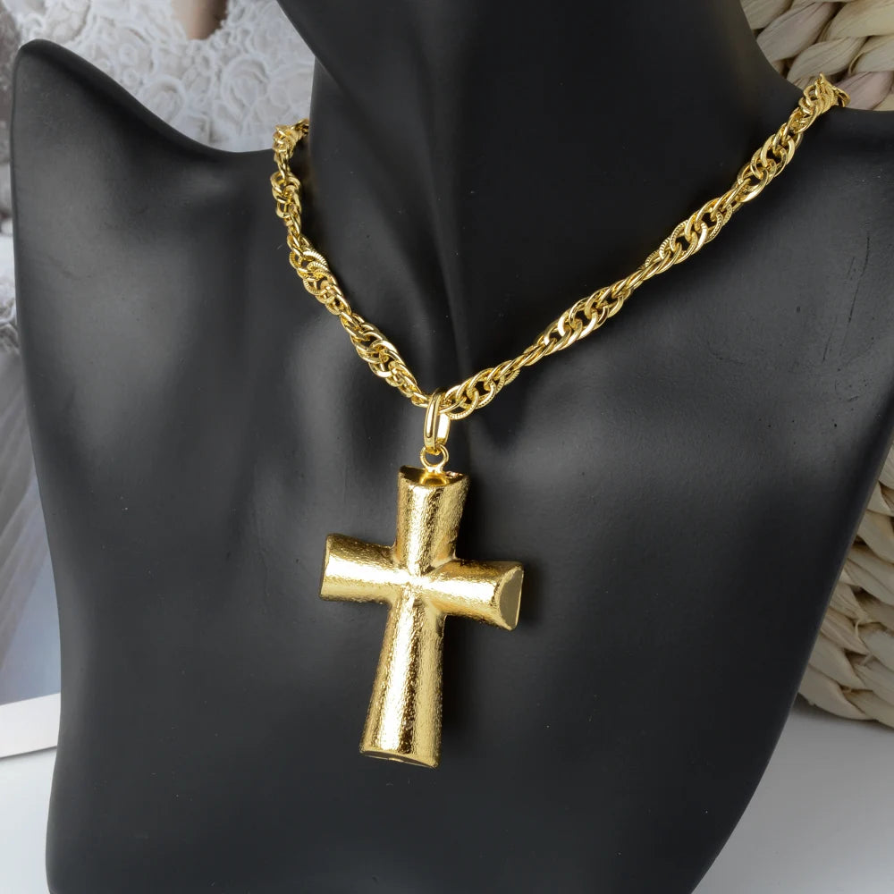 Classic Textured Gold Cross Pendant Necklace