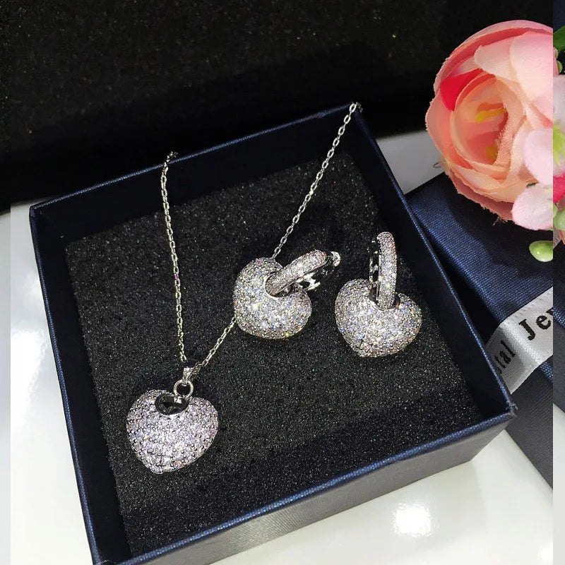 Buyee 925 Sterling Silver Female Jewelry Sets White Zircon Heart Pendant Earring for Women Luxury Bride Wedding Fine Jewelry