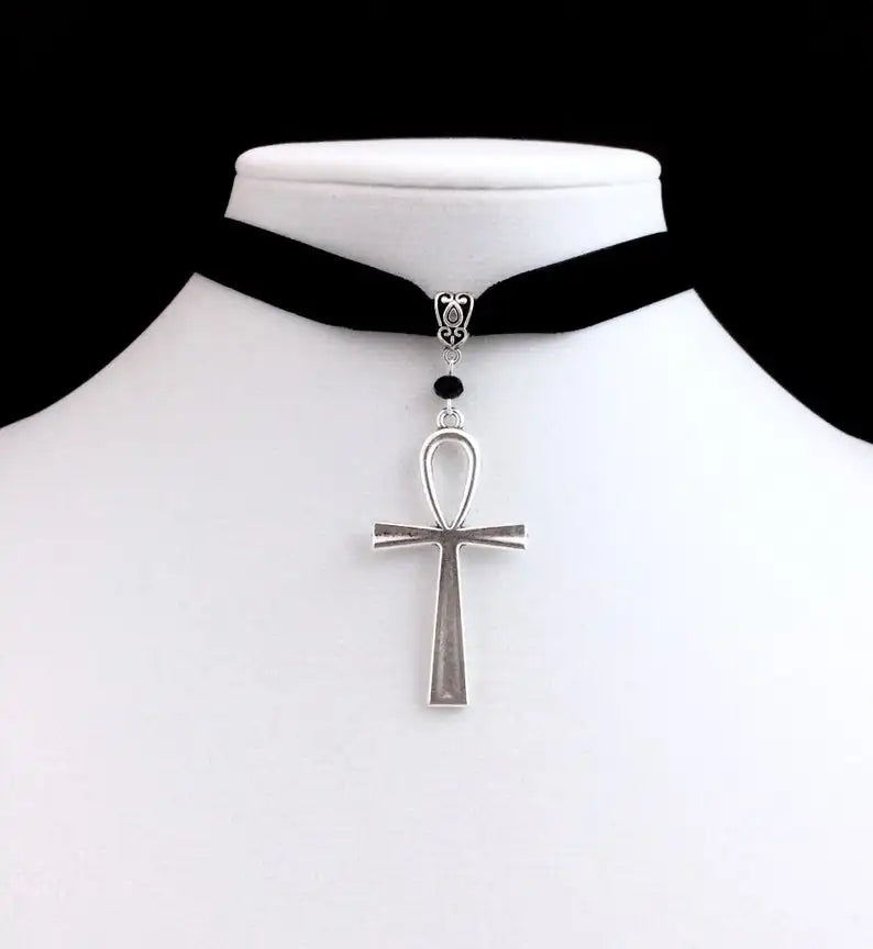 Gothic Ankh Choker Necklace - Black Pendant