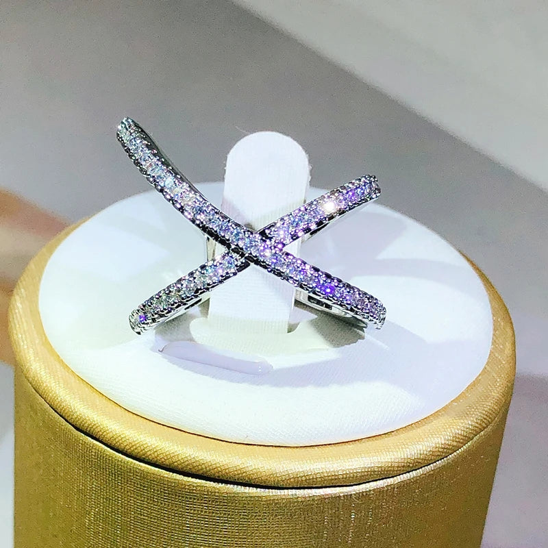Geometric X & V Design Stackable Ring - Sparkling Cubic Zirconia Silver Plated Fashion Jewelry