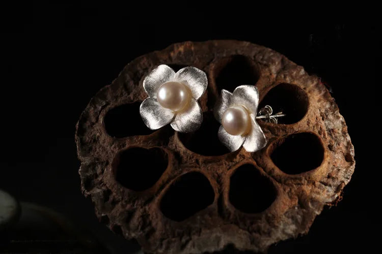 Iris Dainty Pearl Flower Stud Earrings