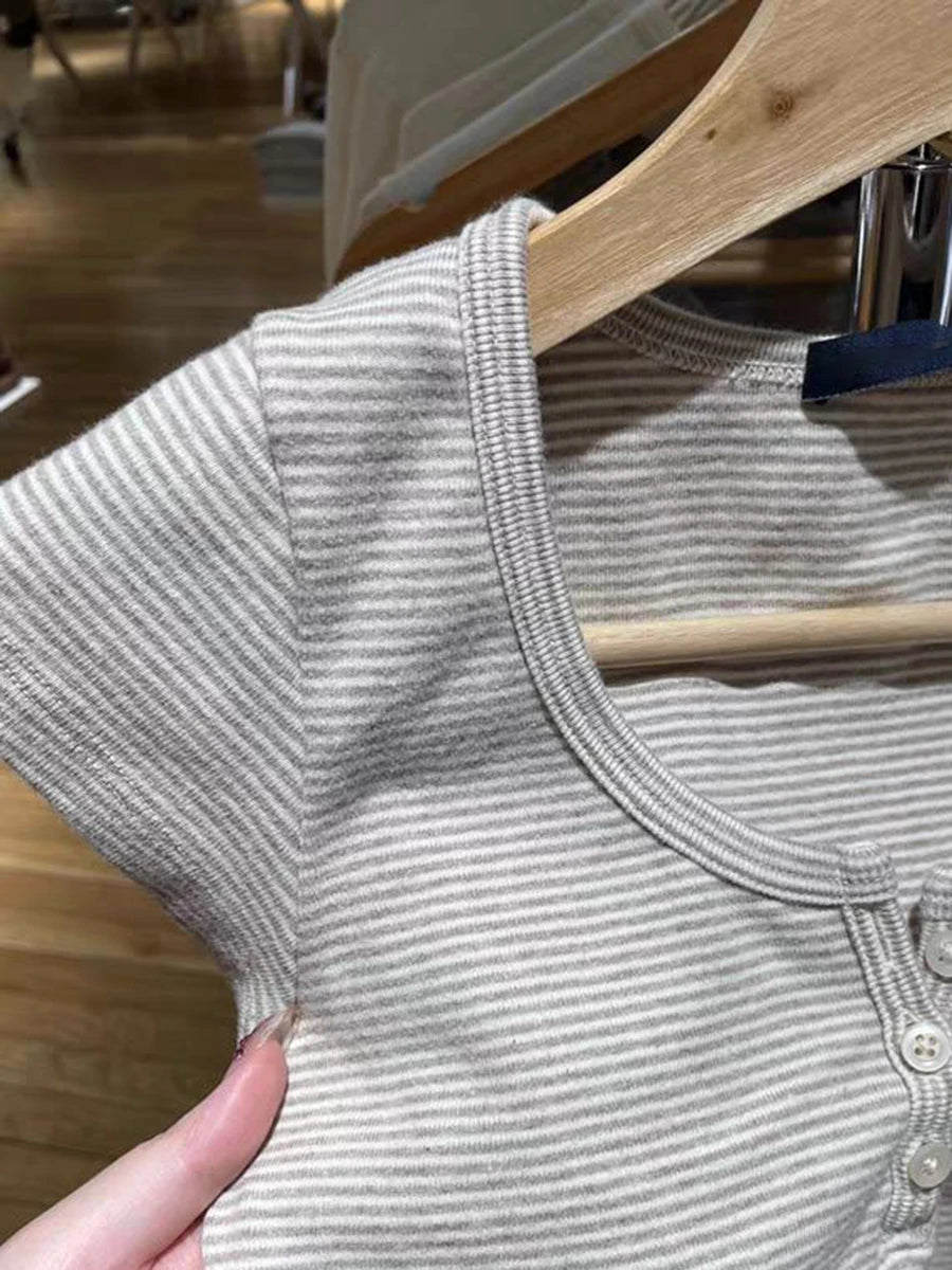 Brooklyn Retro Striped Crop Top – Y2K Ribbed Button Henley Tee