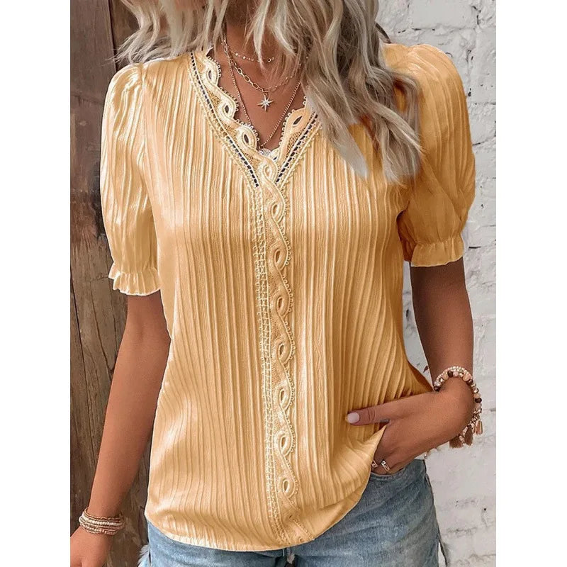 Lace Trim V-Neck Chiffon Blouse