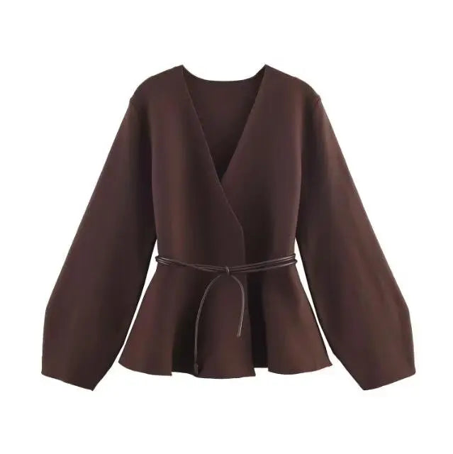Elegant V-Neck Knitted Peplum Cardigan
