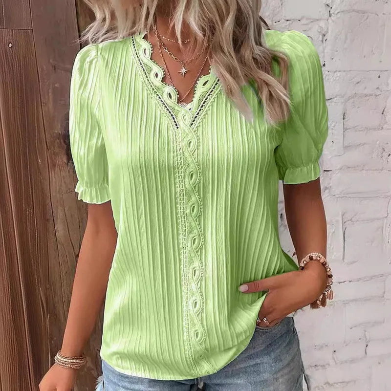 Lace Trim V-Neck Chiffon Blouse