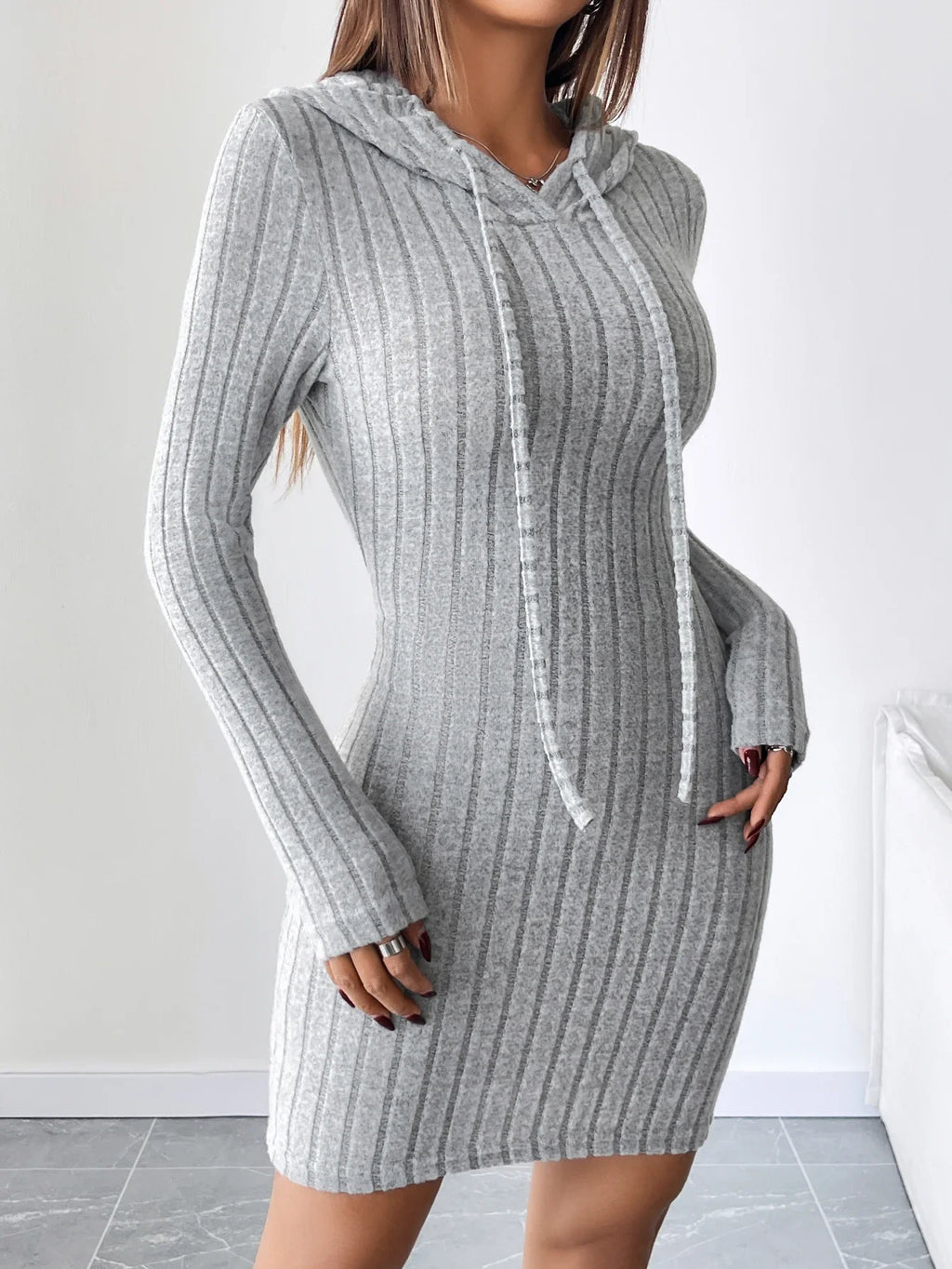 Ribbed Knitted Hooded Slim Fit Dress