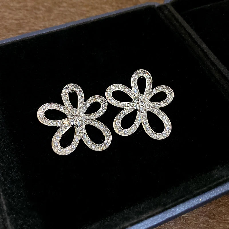 The "Aura Fairy-Blossom" Dangle Earrings – Pearl & Rhinestone Hollow Flower Jewelry