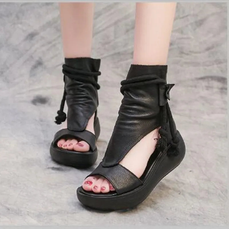 Leather Platform Wedge Sandals - Summer Comfort