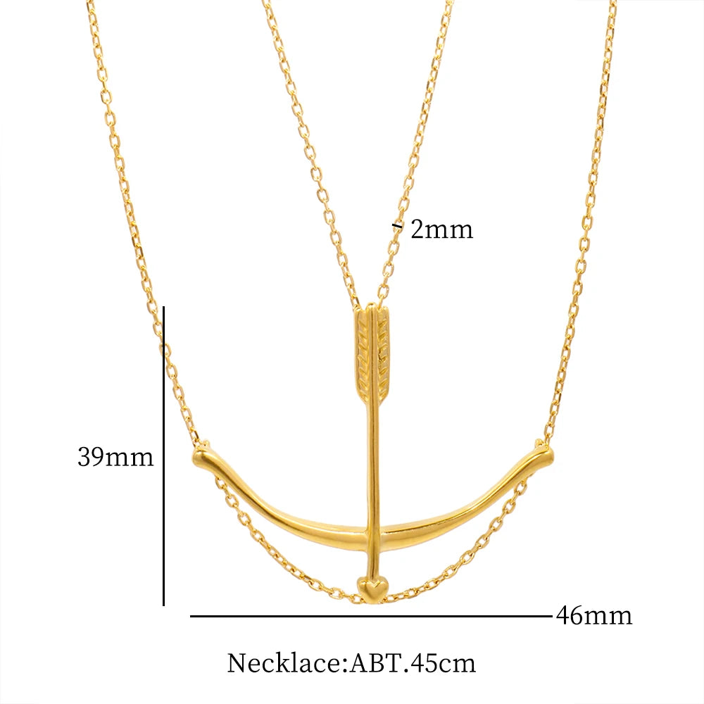 Vintage Stainless Steel Archer Necklace for Women Gold Color Bow and Arrow Pendant Double Chain Necklace Jewelry