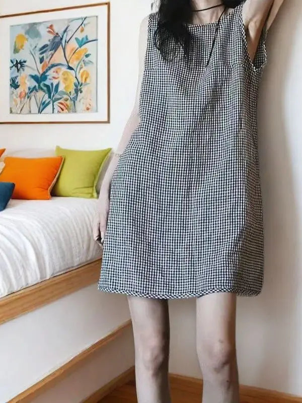 Vintage Plaid Cotton-Linen Vest Dress - Summer Chic
