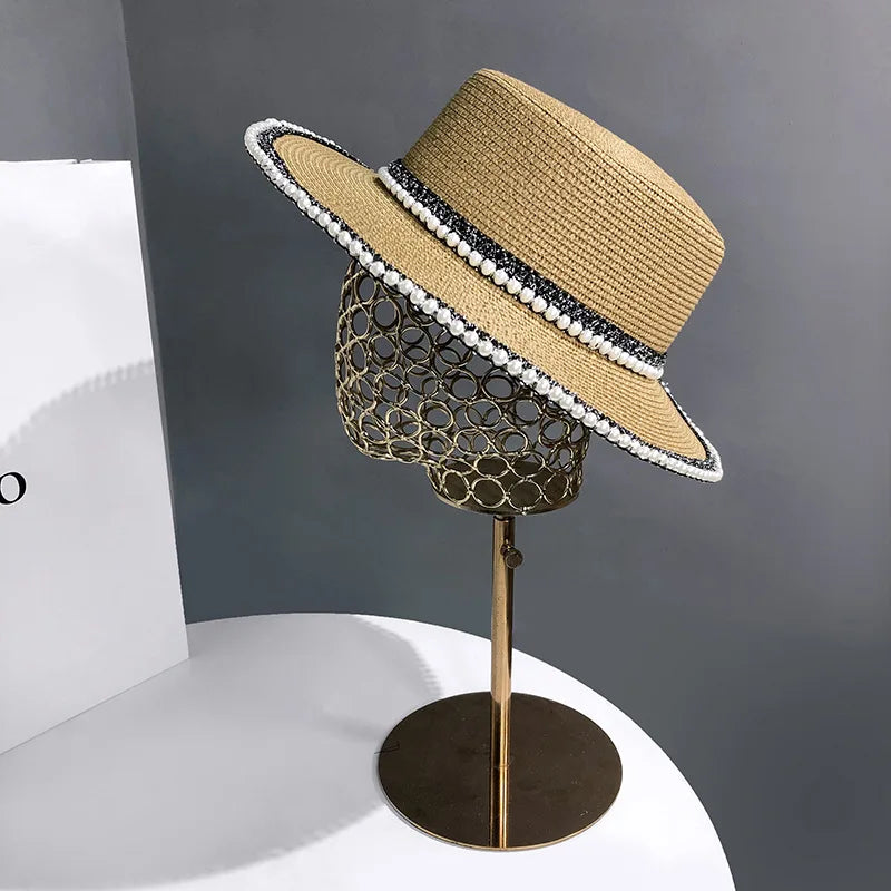 French Riviera Pearl Straw Sun Hat - Wide Brim Summer Beach Cap