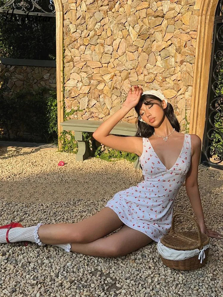 Elegant Cherry Print Draped Mini Dress