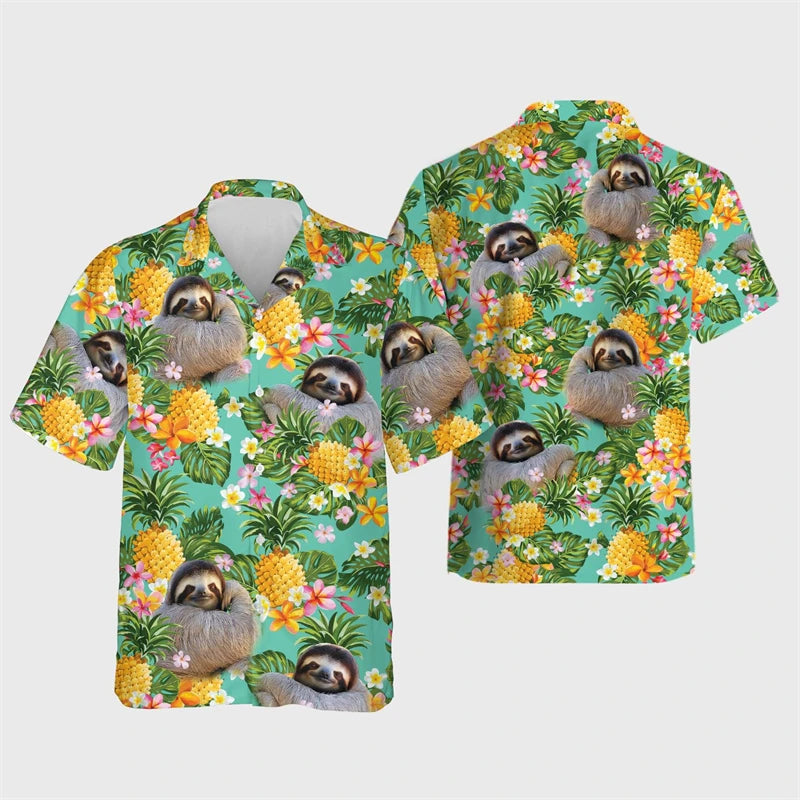 Zalea Sloth Hawaiian Shirt – 3D Printed Tropical Beach Casual Top