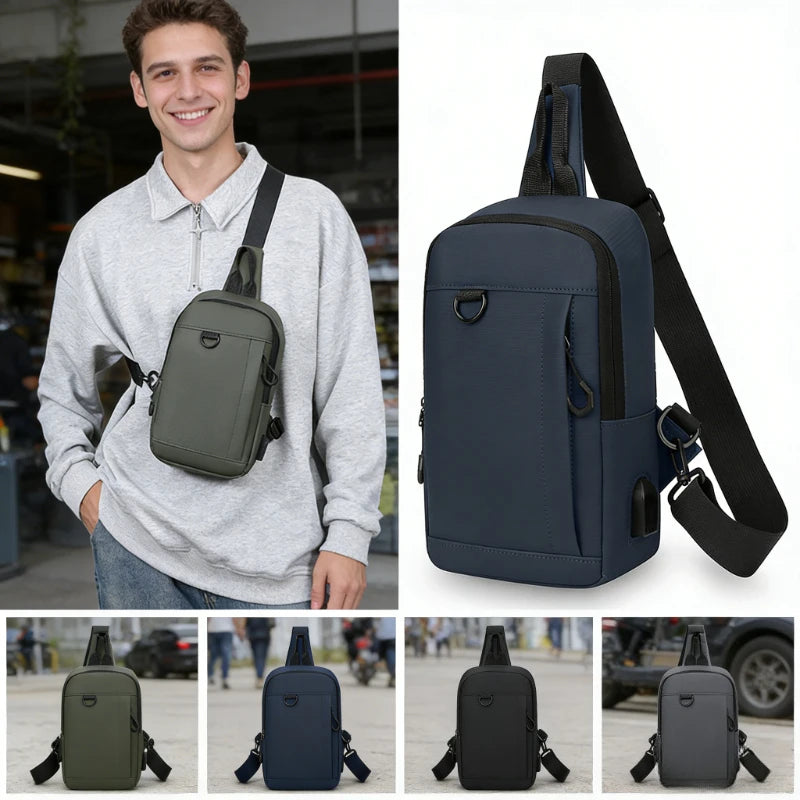 Anti-Theft Men's Crossbody Chest Bag with USB Charging Port - Water Resistant Outdoor Shoulder Messenger Bag