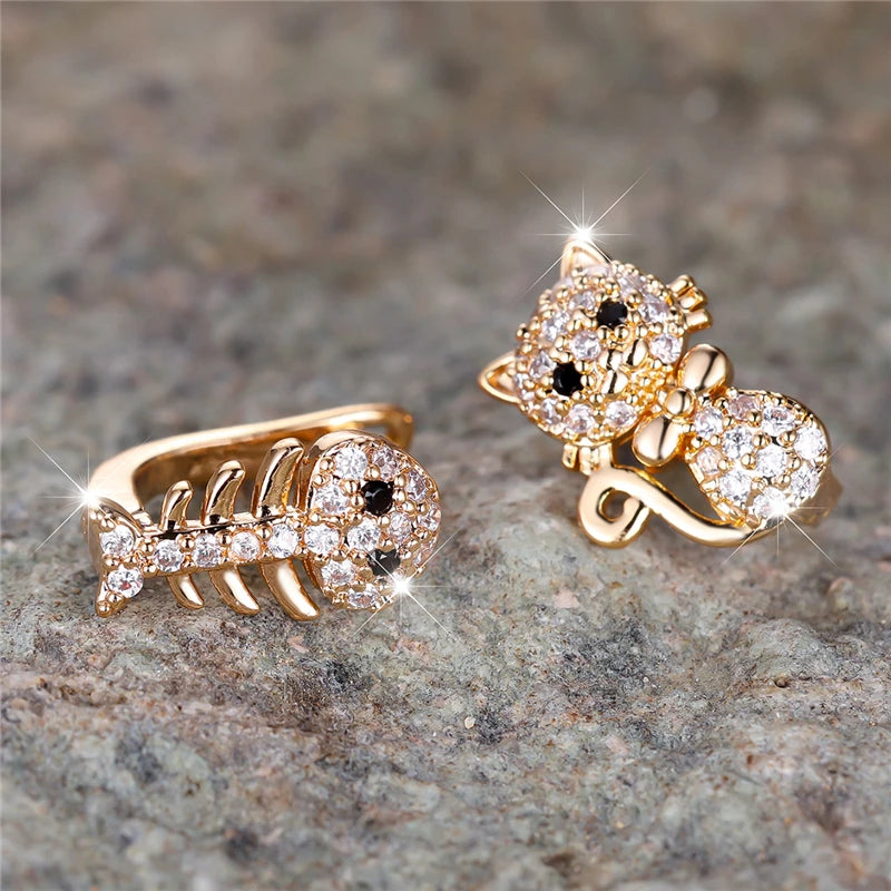Luna Cat & Fish Zircon Hoop Earrings – Playful Gold-Plated Jewelry