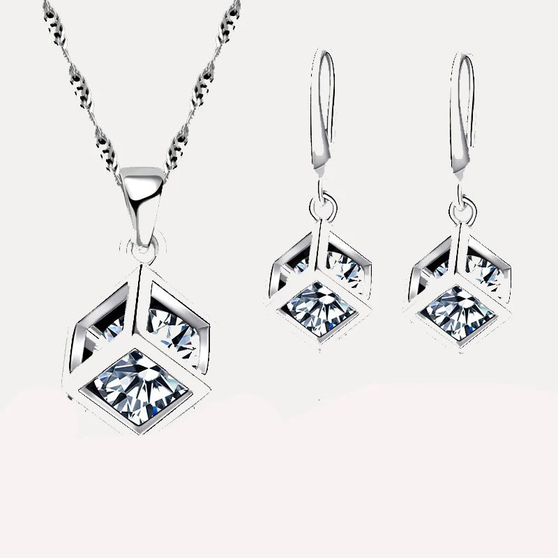 Prism Aura Jewelry Set – 925 Silver Square Necklace & Earrings