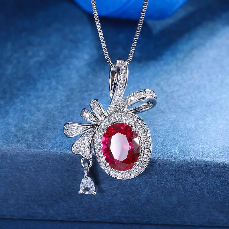 Elegant Red Bow Butterfly Pendant Necklace for Women