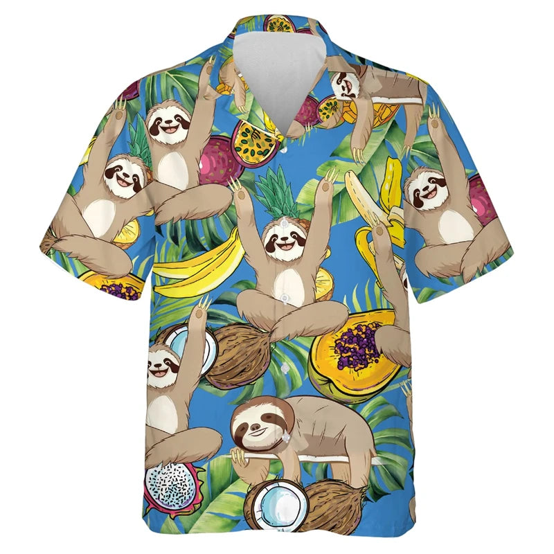 Zalea Sloth Hawaiian Shirt – 3D Printed Tropical Beach Casual Top