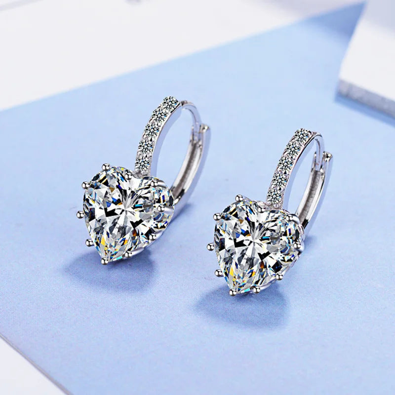 925 Sterling Silver Heart Cut Crystal Hoop Earrings