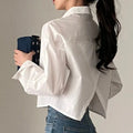 Women's Classic Long Sleeve Button-Down Shirt - Versatile Split-Hem Crop Top for Everyday Style