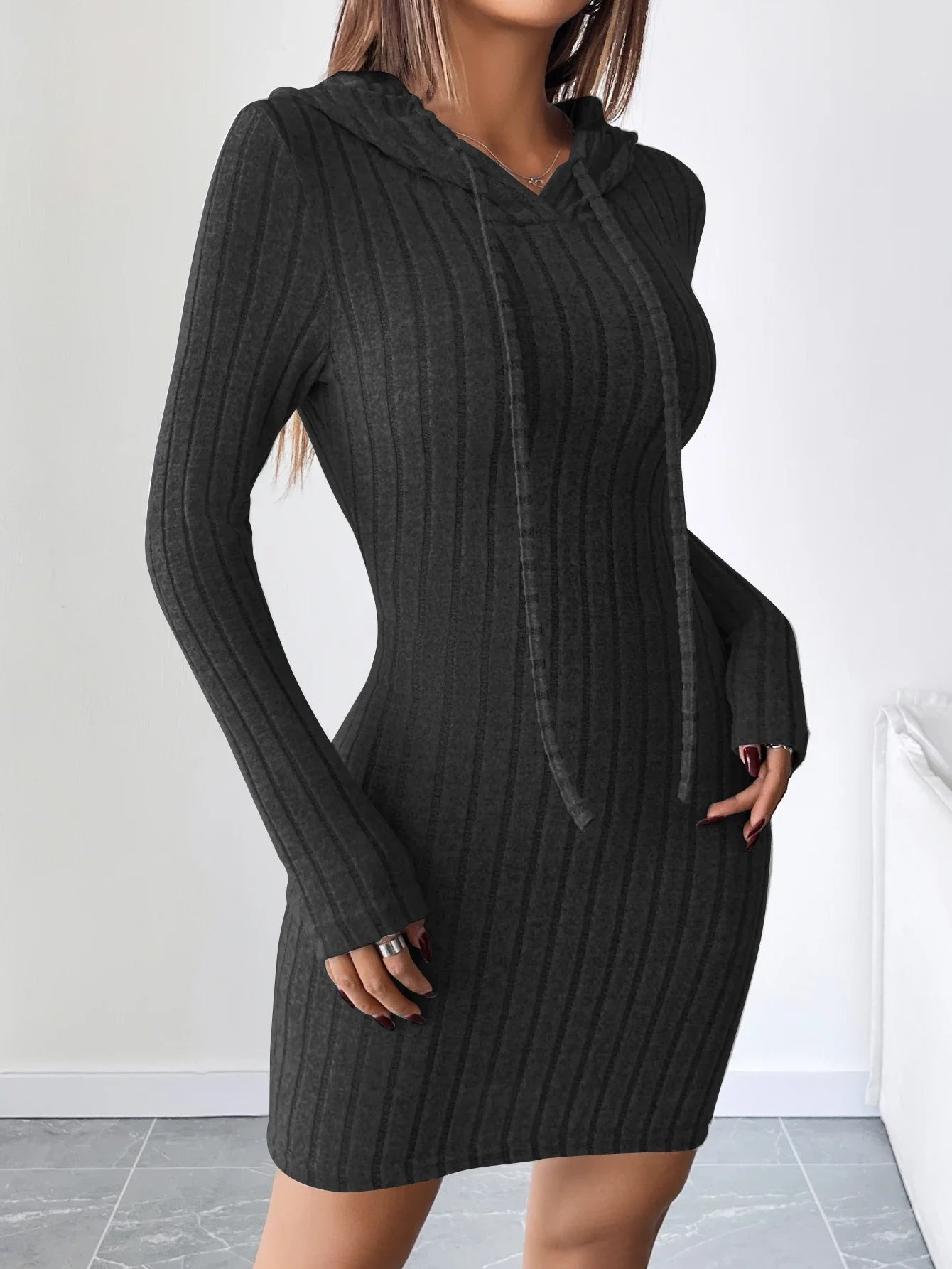 Ribbed Knitted Hooded Slim Fit Dress