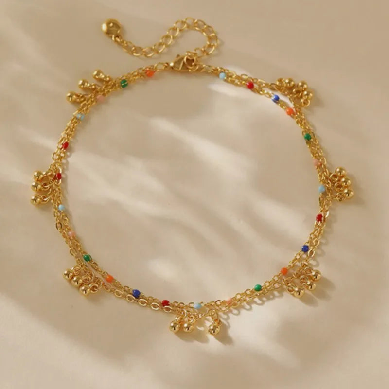 Boho Double Layer Beaded Anklet - 18K Gold Plated Minimalist Summer Foot Chain