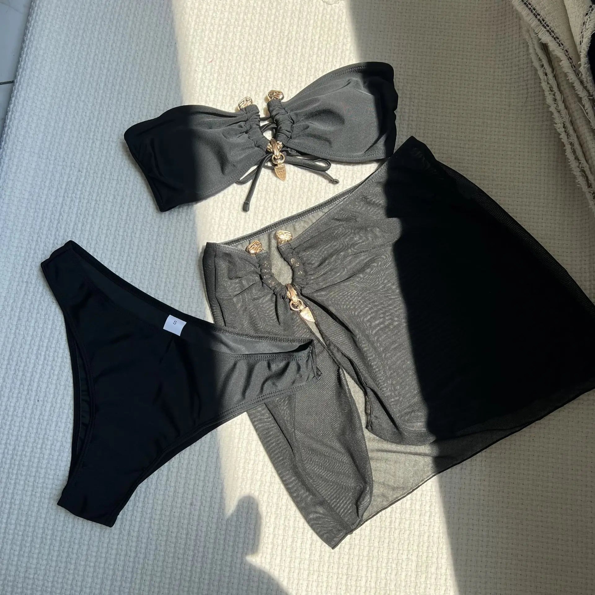 Aura 3-Piece Bandeau Bikini Set with Matching Mesh Skirt