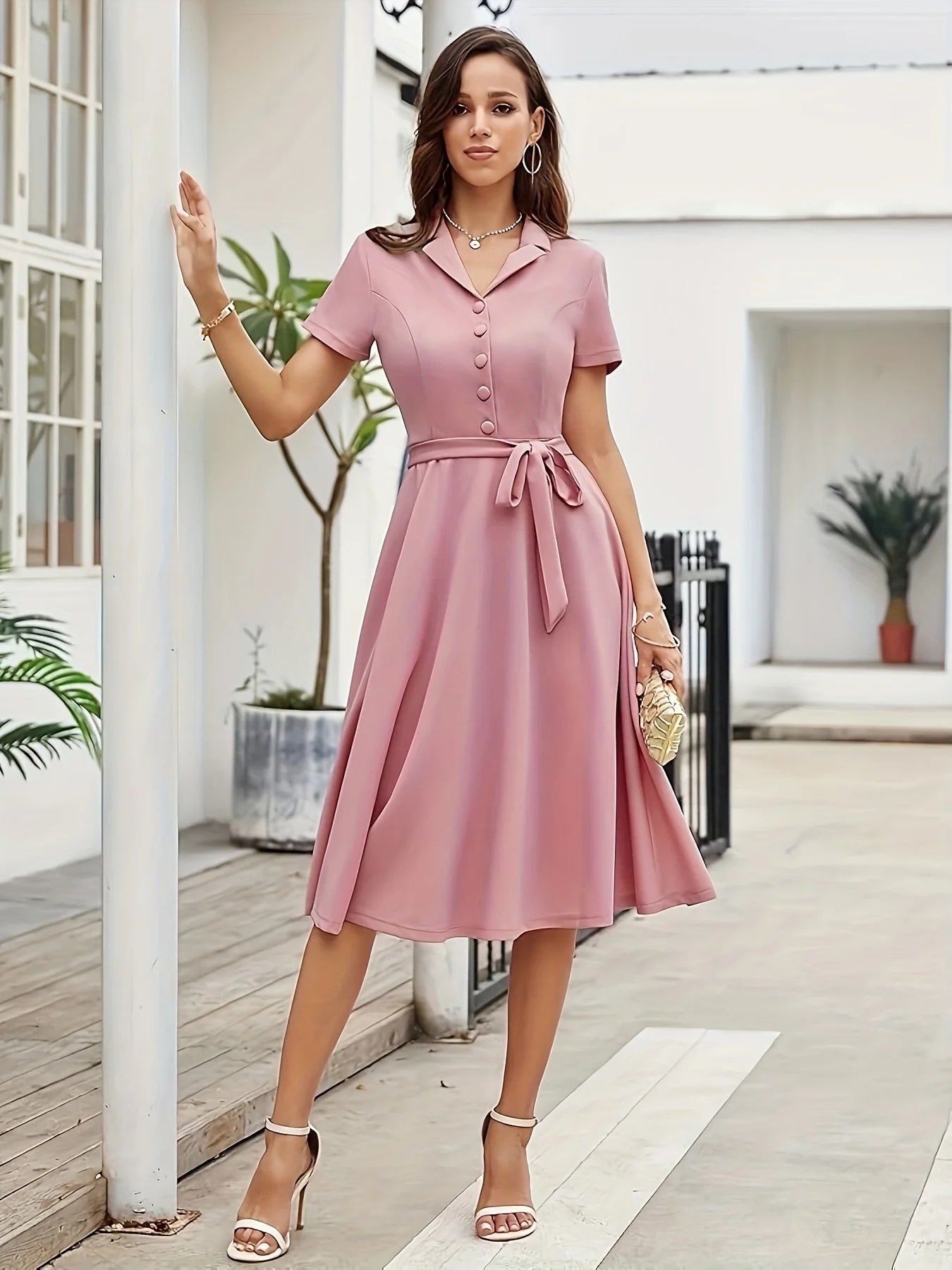 Rose Aura Shirt Dress – Elegant Vintage Button-Down Midi