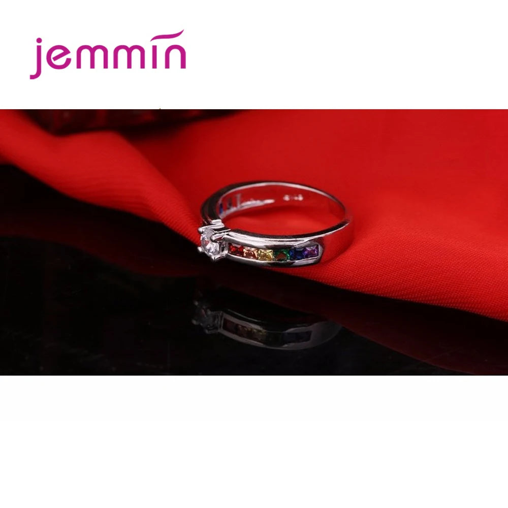 Rainbow Cubic Zirconia Statement Ring - Colorful Crystal Silver Plated Fashion Jewelry for Women