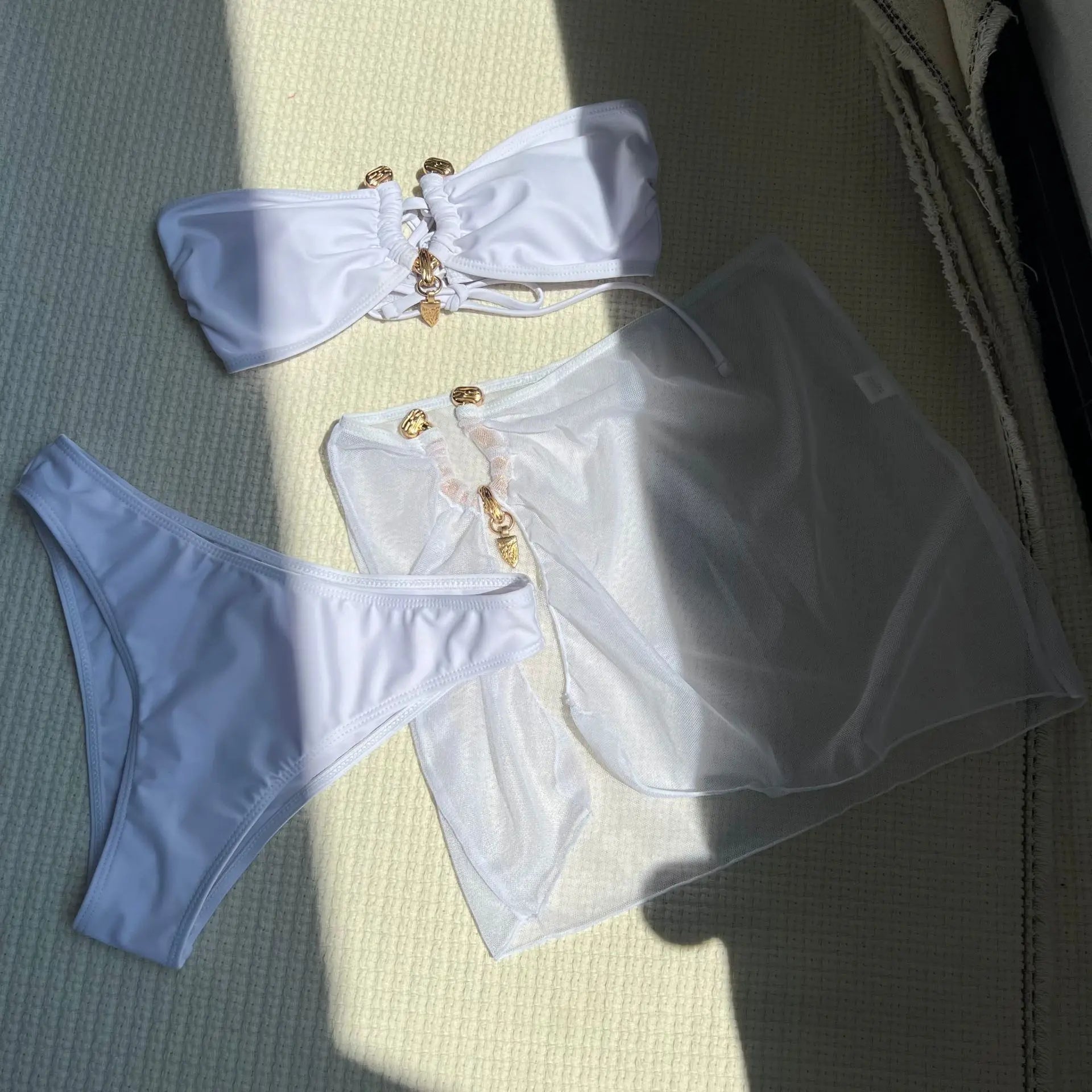 Aura 3-Piece Bandeau Bikini Set with Matching Mesh Skirt