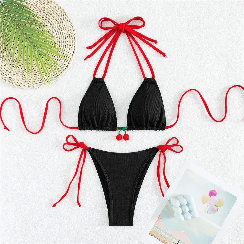 Mon Chéri Micro Bikini Set – Cute Cherry Print Triangle Swimwear