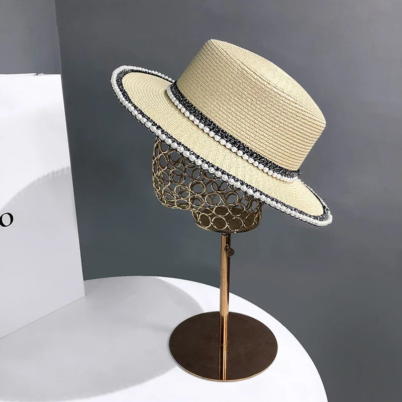 French Riviera Pearl Straw Sun Hat - Wide Brim Summer Beach Cap