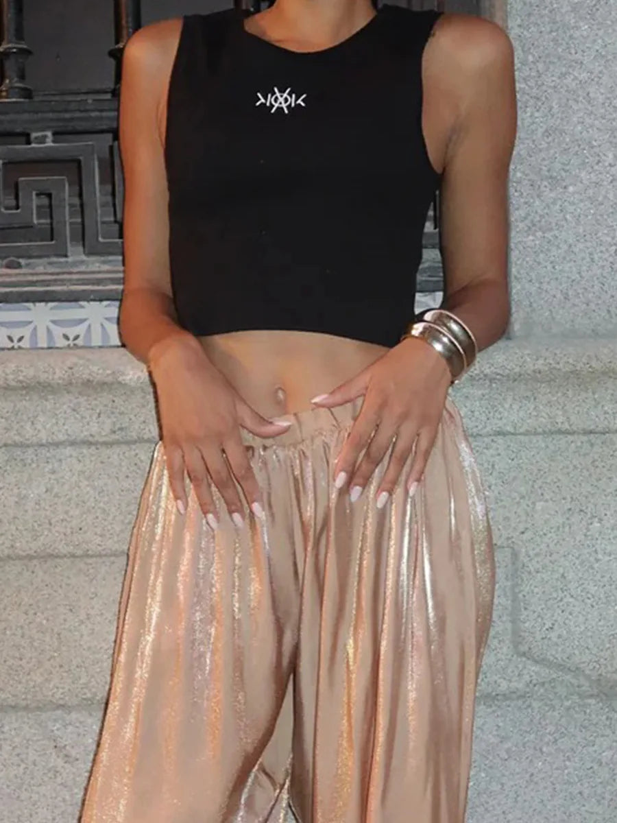 Glossy Satin Street-Style Pants - Low Rise