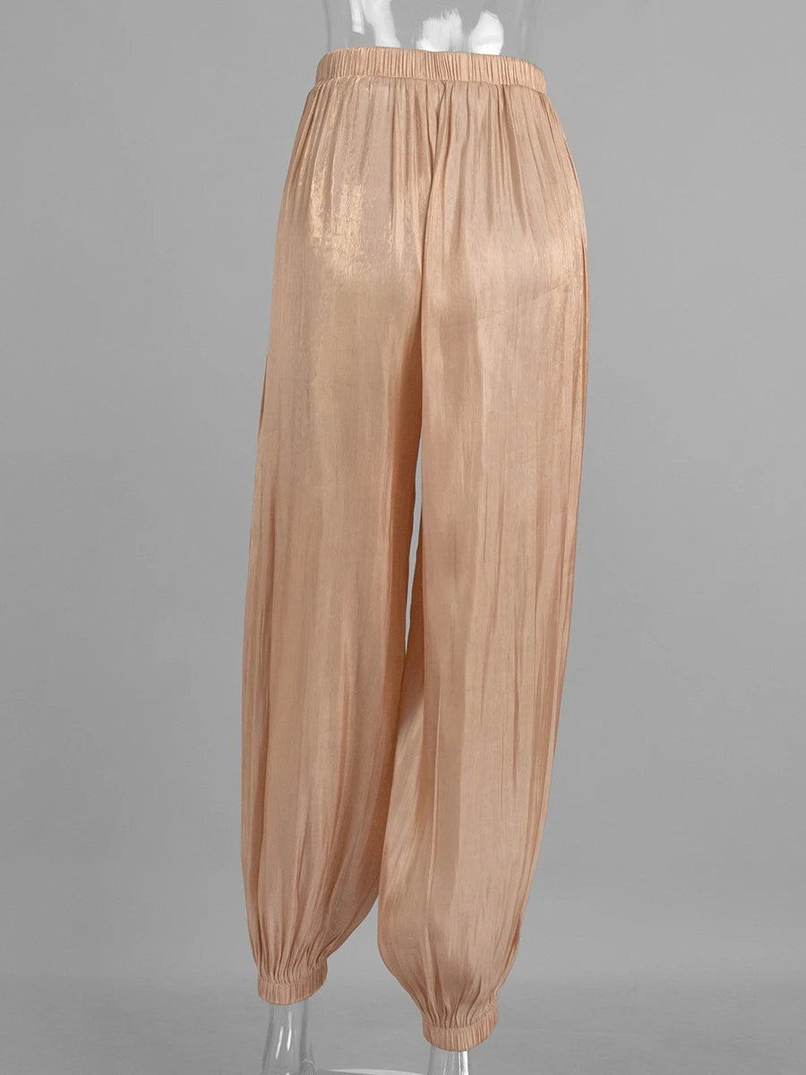 Glossy Satin Street-Style Pants - Low Rise