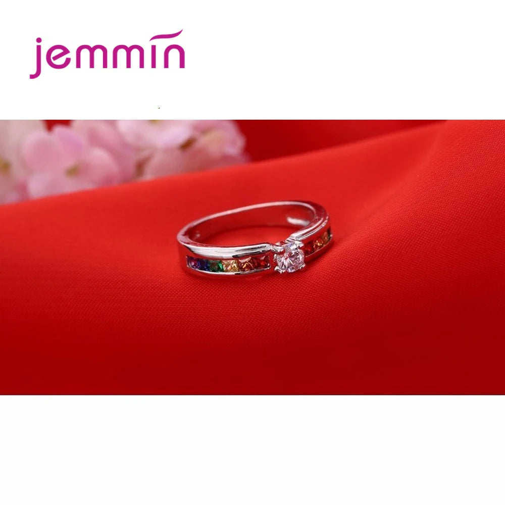 Rainbow Cubic Zirconia Statement Ring - Colorful Crystal Silver Plated Fashion Jewelry for Women