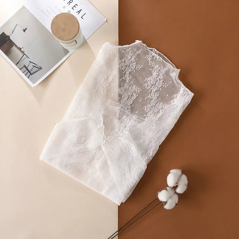 The "Aura Dahlia" Mesh Lace Top – Elegant Floral Mock Neck Bottoming Blouse